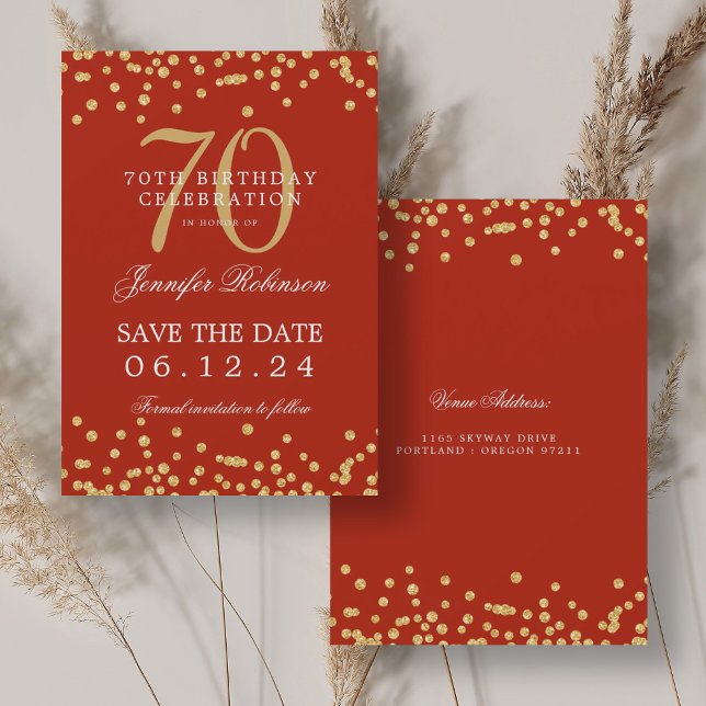 Invitation Gold Red 70th Birthday Save Date Confetti (Gold Red 70th Birthday Save Date Confetti Invitation)