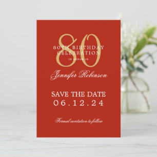 Invitation Gold Red 80th Birthday Enregistrer la date