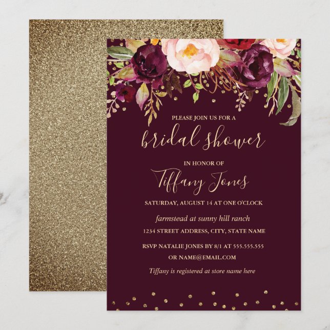 Invitation Gold Red Burgundy Confetti Fête des mariées floral (Devant / Derrière)