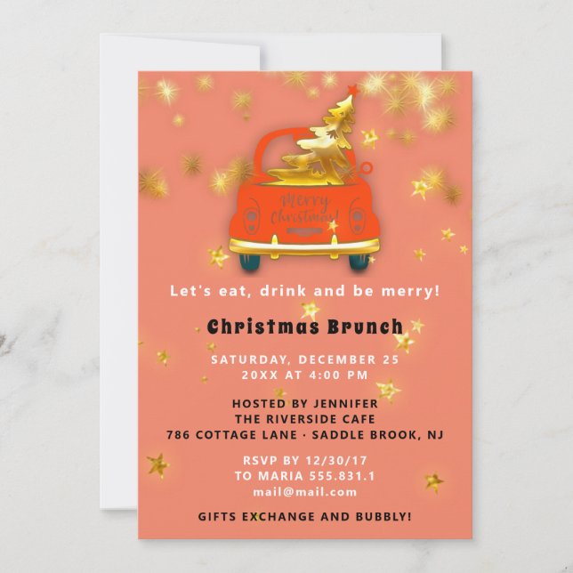 Invitation Gold Red Car Joyeux Noël Brunch Diner Coral (Devant)