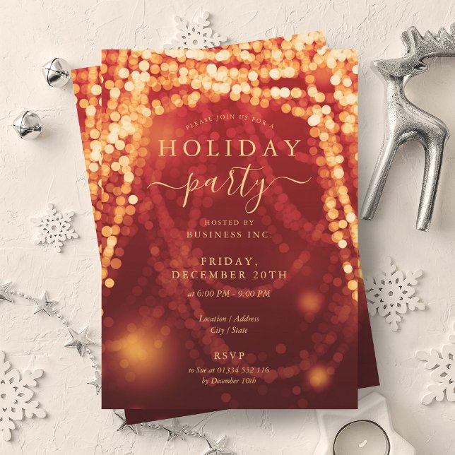 Invitation Gold Red Company Jeu de vacances (Gold Red Company Holiday Party String Lights Invitation)