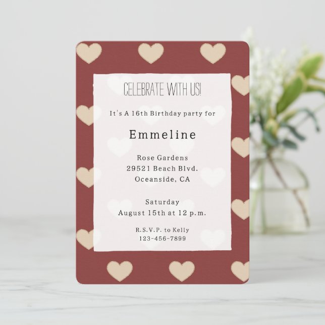 Invitation Gold Red Cream Glitter Hearts Birthday (Debout devant)