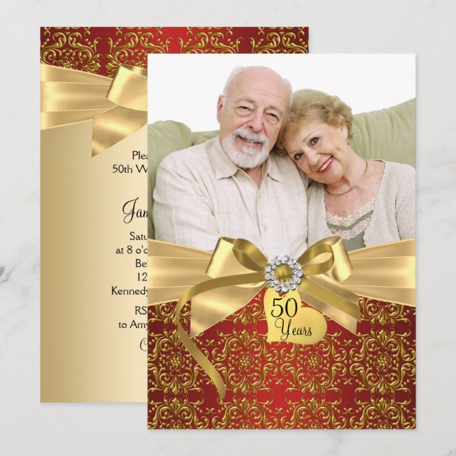 Invitation Gold Red Damask & Bow Photo 50th Anniversary (Devant / Derrière)
