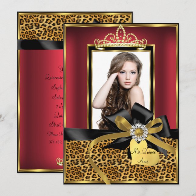 Invitation Gold Red Empreinte de léopard & Bow Photo Quincean (Devant / Derrière)