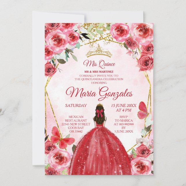 Invitation Gold Red Flowers Espagnol fille douce 15e annivers (Devant)