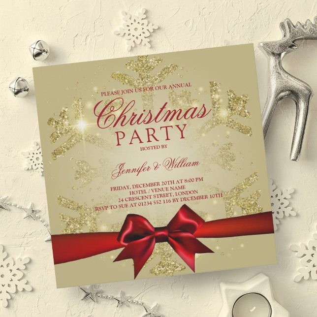 Invitation Gold Red Glitter & Ribbon | Holiday Party (Gold Red Glitter & Ribbon | Xmas Holiday Party Invitation)