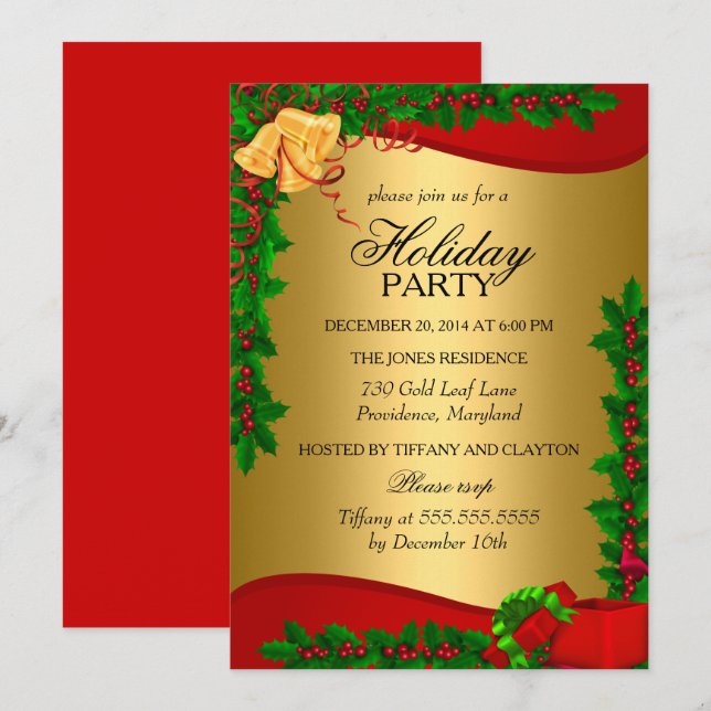 Invitation Gold Red Green Holly Feuilles Bell Noël (Devant / Derrière)