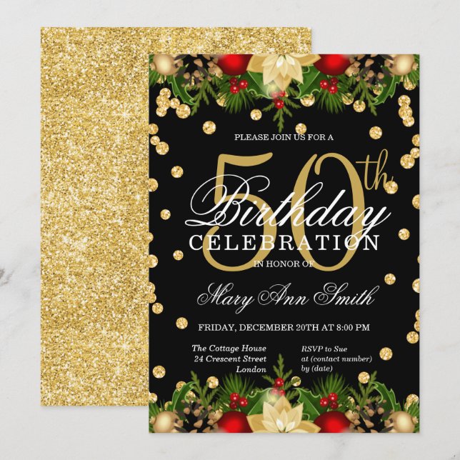 Invitation Gold & Red Holiday Parties scintillant Glam 50e an (Devant / Derrière)