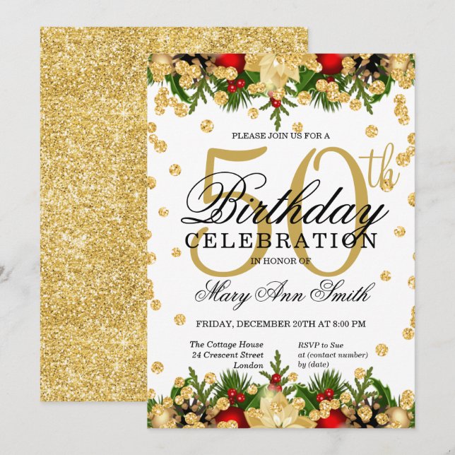 Invitation Gold & Red Holiday Parties scintillant Glam 50e an (Devant / Derrière)
