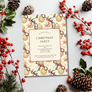 Invitation Gold Red Ornamy Bows Fête de Noël