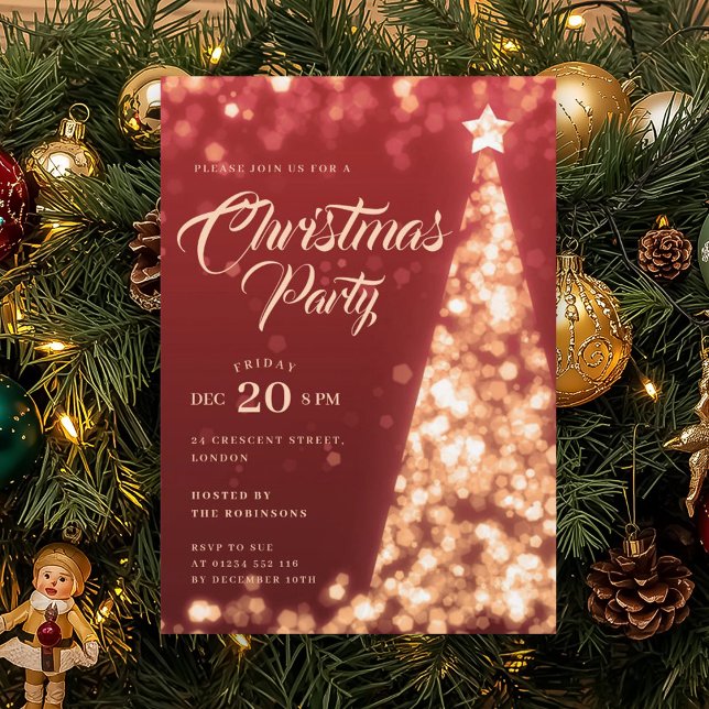 Invitation Gold Red Winter Christmas Tree Holiday Party (Gold Winter Diamonds Glitter Christmas Party Invitation)