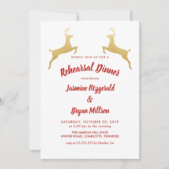 Invitation Gold Reindeer | Dîner de répétition Mariage de Noë (Devant)