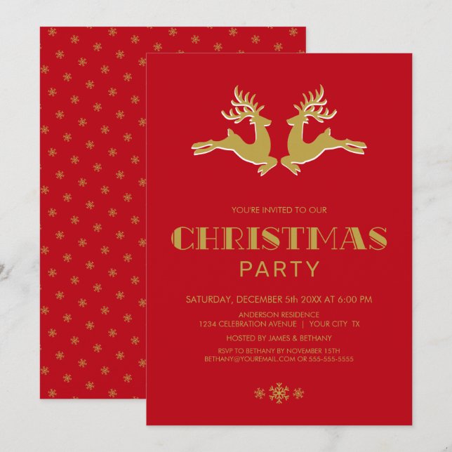 Invitation Gold Reinder Red Christmas Party (Devant / Derrière)
