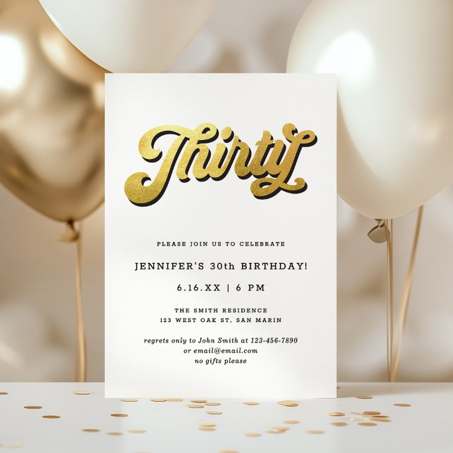 Invitation Gold Retro Script Black White 30th Birthday Party (Créateur téléchargé)