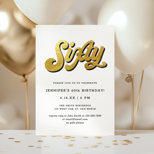 Invitation Gold Retro Script Black White 60th Birthday Party (Créateur téléchargé)