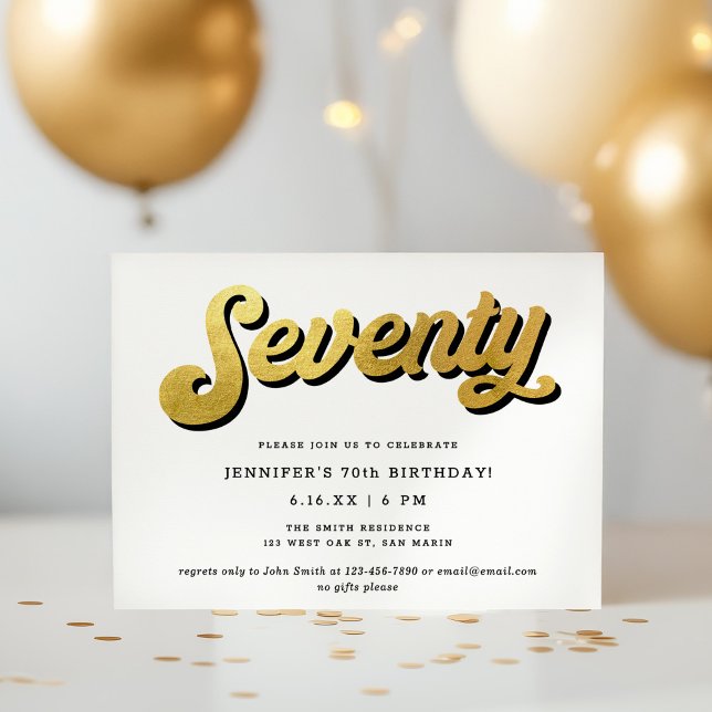 Invitation Gold Retro Script Black White 70th Birthday Party (Créateur téléchargé)