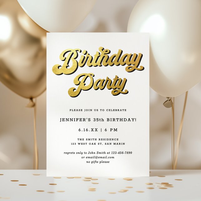 Invitation Gold Retro Script Black & White Birthday Party (Créateur téléchargé)