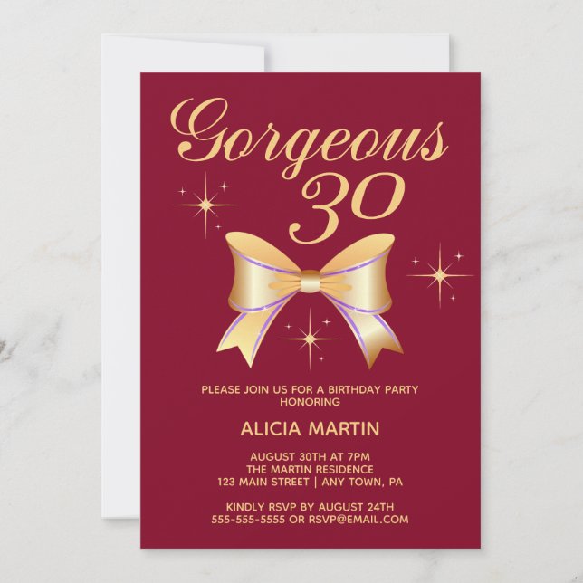 Invitation Gold Ribbon Girl Gorgeous 30 Bourgogne Anniversair (Devant)