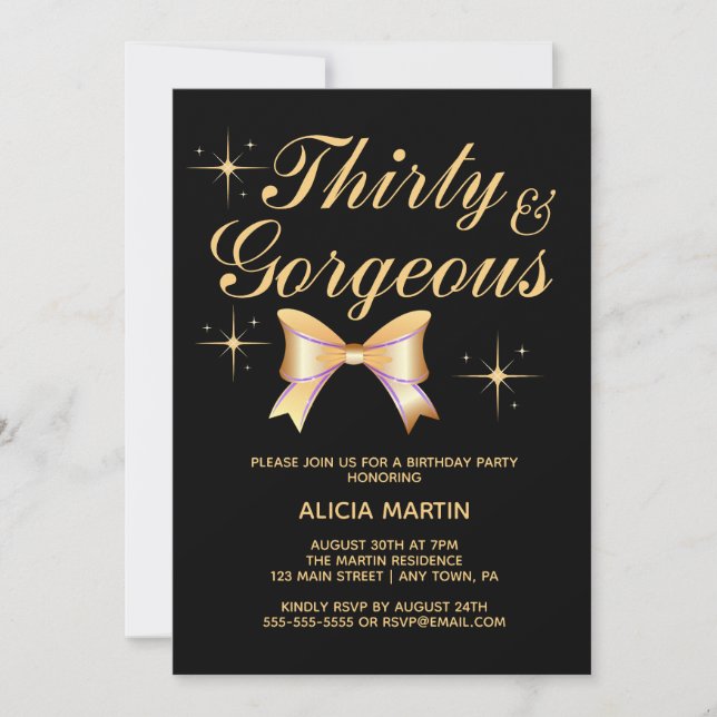 Invitation Gold Ribbon Girl Trente et magnifique Noir Anniver (Devant)