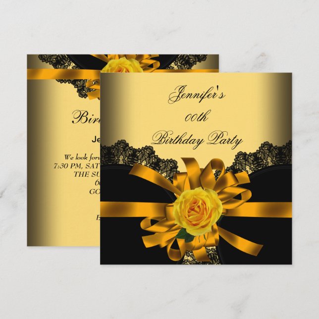 Invitation Gold Rose Black dentelle Anniversaire (Devant / Derrière)