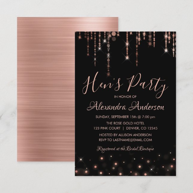 Invitation Gold rose - Blush Pink Hen's Party (Devant / Derrière)