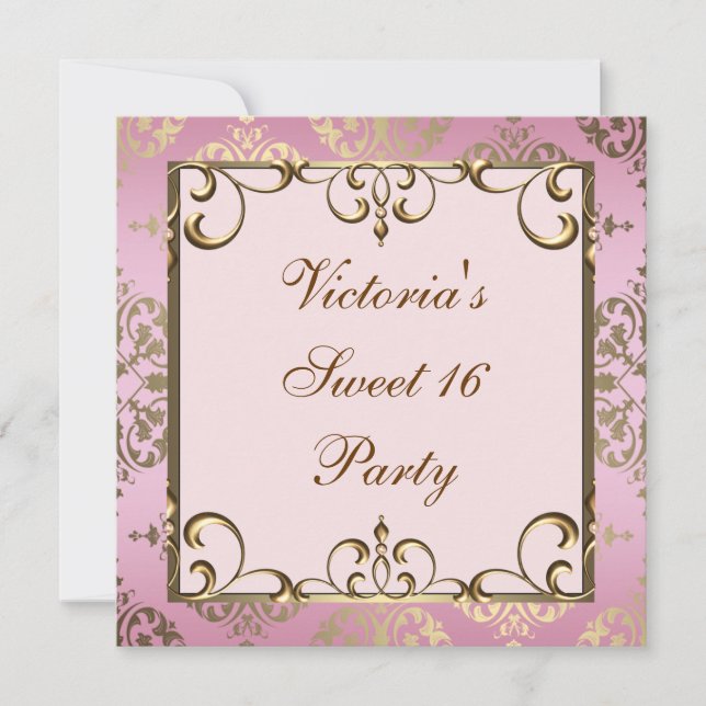 Invitation Gold Rose Damask Sweet 16 Anniversaire (Devant)