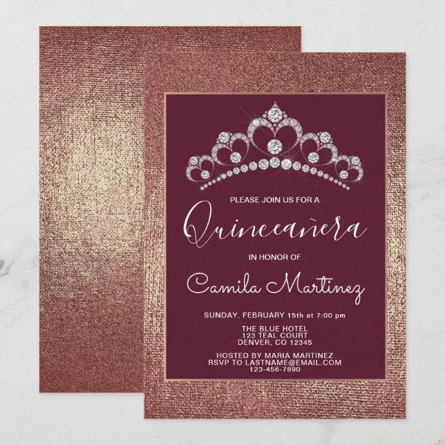 Invitation Gold rose et Quinceanera Bourgogne avec Tiara (Devant / Derrière)