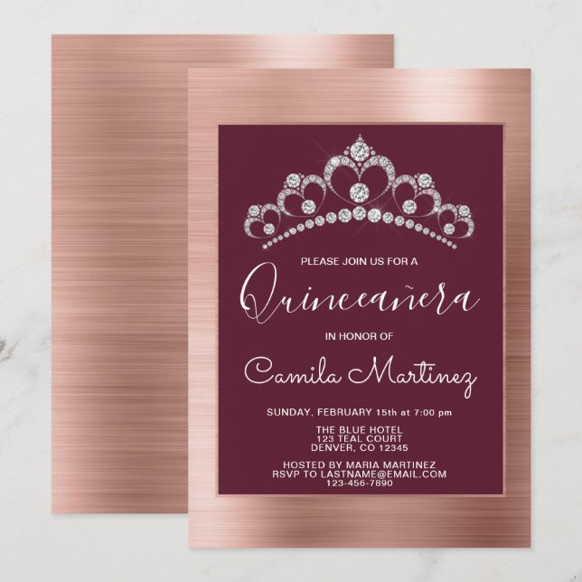 Invitation Gold rose et Quinceanera Bourgogne avec Tiara (Devant / Derrière)