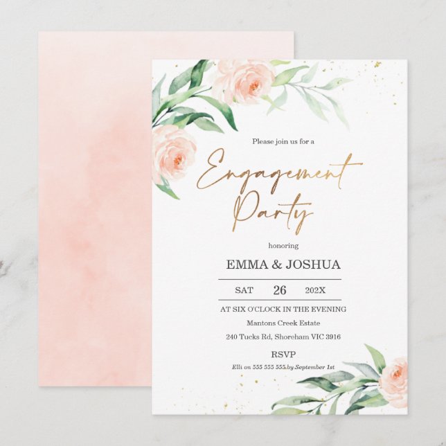 Invitation Gold Rose Floral Green Party (Devant / Derrière)