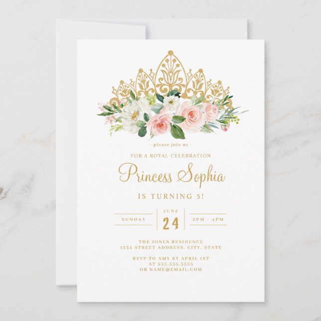 Invitation Gold Rose Girls Princess Floral Tiara Anniversaire (Devant)