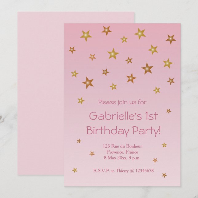 Invitation Gold Rose Little Stars Sweet Baby Anniversaire de  (Devant / Derrière)