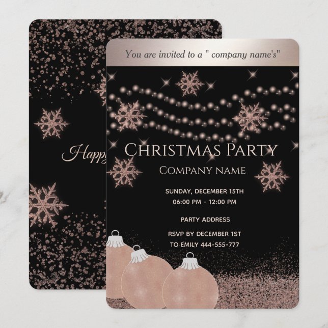 Invitation Gold rose / luxe noir entreprise fête de Noël (Devant / Derrière)