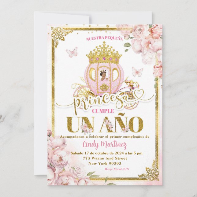 Invitation Gold Rose Mexicaine Uno Princesa Carriage Invitaci (Devant)