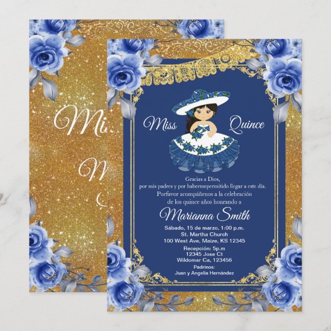 Invitation Gold Roses Bleu Royal Quinceañera  (Devant / Derrière)