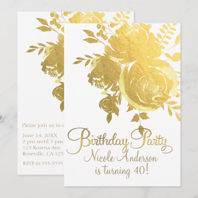 Invitation Gold Roses Faux Foil Élégante fête d'anniversaire  (Devant / Derrière)