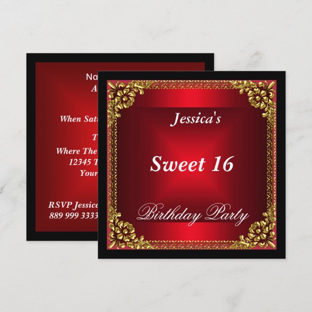 Invitation Gold rouge et Black Sweet 16 fête d'anniversaire (Devant / Derrière)