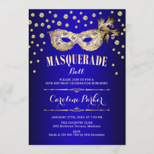 Invitation Gold Royal Blue Masquerade Ball fête d'anniversair