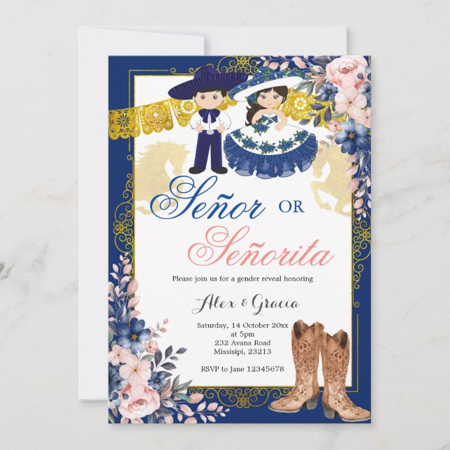 Invitation Gold Royal Blue Senor ou Senorita Genre Revela (Devant)