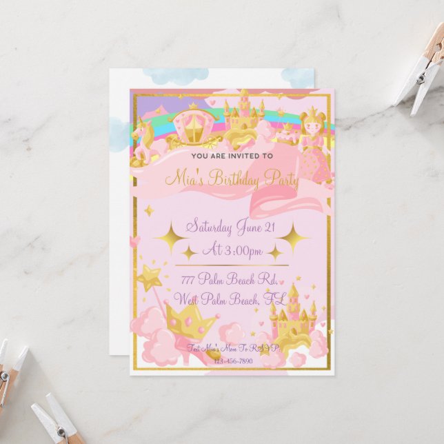 Invitation Gold Royal Princess Castle Girls Princess Annivers (Devant/Arrière en situation)