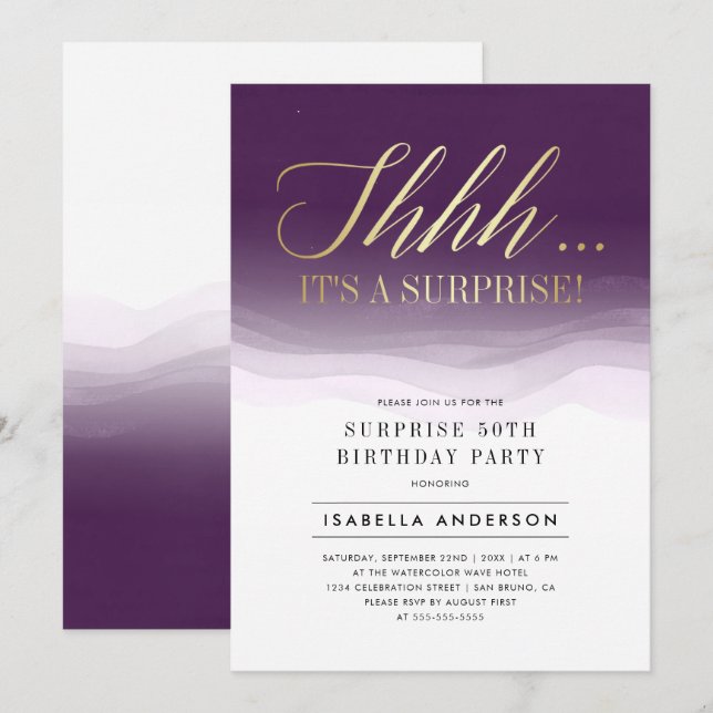 Invitation Gold & Royal Purple Aquarelle Surprise Anniversair (Devant / Derrière)