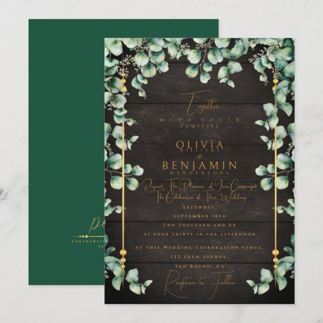 Invitation Gold Rustic Wood & Eucalyptus Mariage de verdure I (Devant / Derrière)
