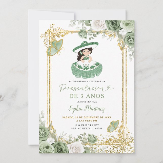 Invitation Gold Sage Green fille espagnole 3e anniversaire (Devant)