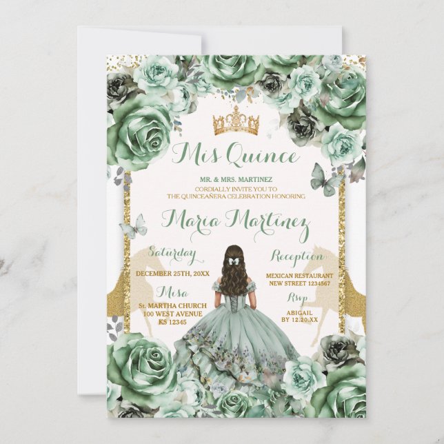 Invitation Gold Sage Green Princesa Quinceañera Fleurs (Devant)