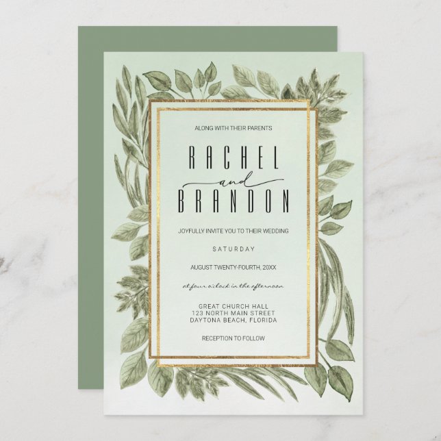 Invitation Gold Sage Vert verdure Aquarelle Mariage (Devant / Derrière)
