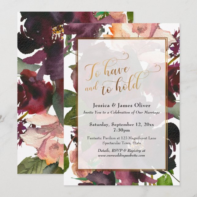 Invitation Gold Script à avoir et à tenir Bourgogne Floral (Devant / Derrière)