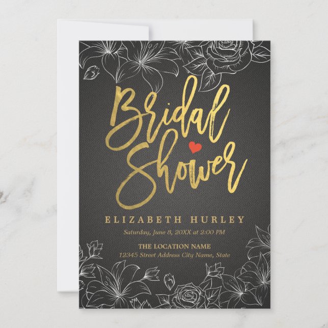 Invitation Gold Script Black Linen Blanc Floral Fête des mari (Devant)