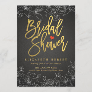 Invitation Gold Script Black Linen Blanc Floral Fête des mari