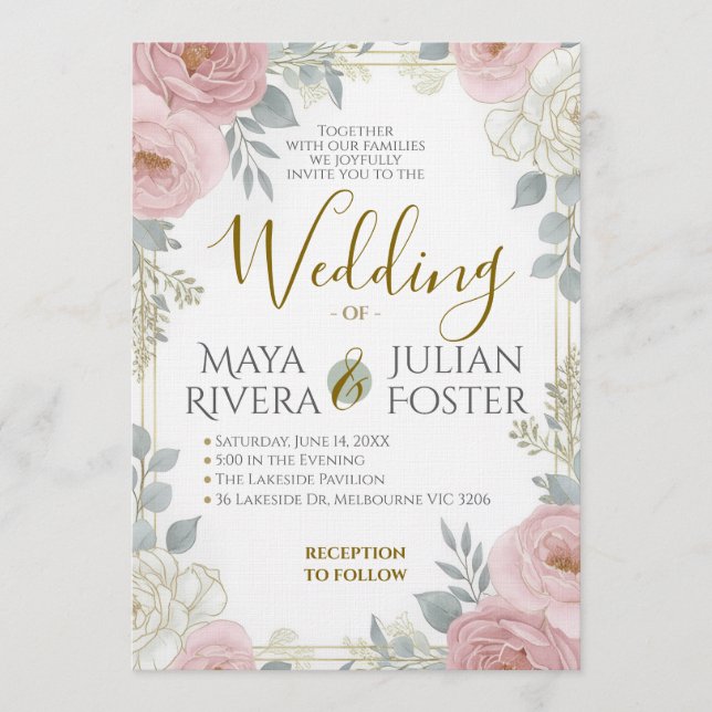 Invitation Gold Script Blush Pink Dusty Blue Floral Wedding (Devant)
