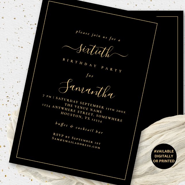 Invitation Gold Script Bordure 60e fête d'anniversaire noir (Front and back view. Available digitally or printed)
