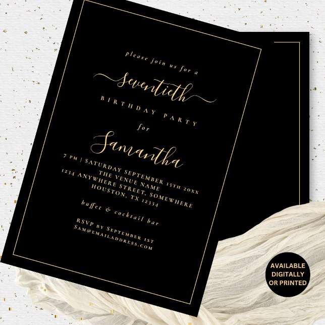 Invitation Gold Script Bordure 70e fête d'anniversaire noir (Available digitally or printed)